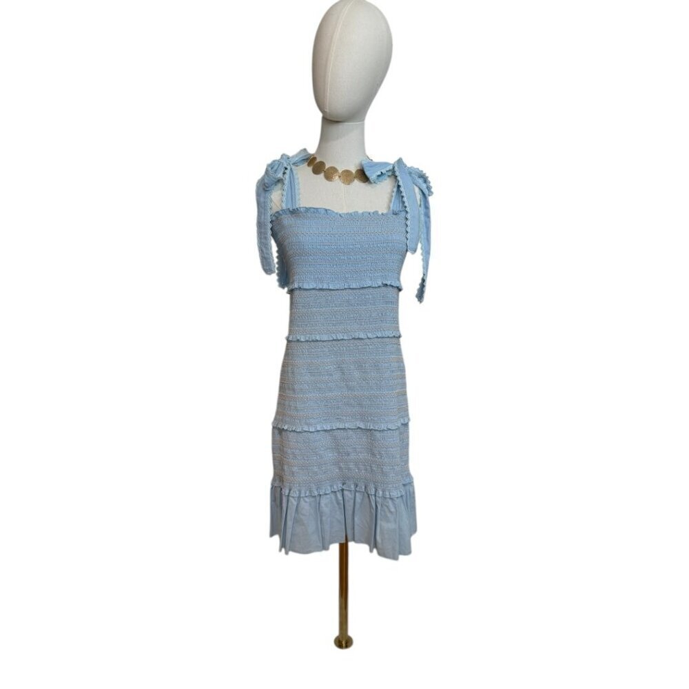 Chelsea & Violet Blue Tiered Smocked Dress Ruffle Shoulder Tie Mini Dres…